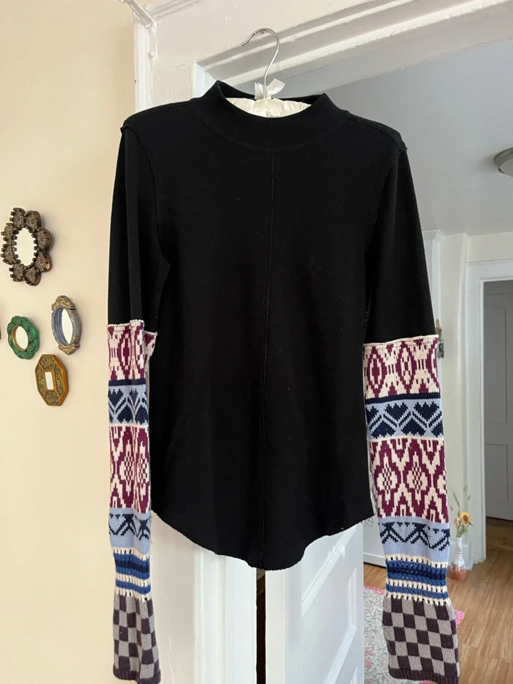 Free People Black Sweater Top with Patterned Long Sleeves